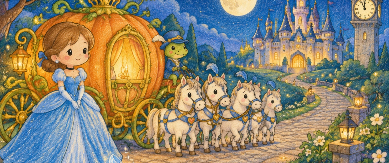 Cinderella with a glowing pumpkin coach traveling toward the palace at midnight