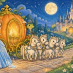 Cinderella with a glowing pumpkin coach traveling toward the palace at midnight