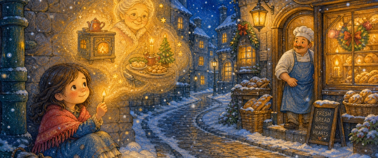 The little match girl holding a glowing match near a bakery on a snowy evening