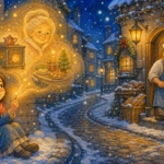 The little match girl holding a glowing match near a bakery on a snowy evening