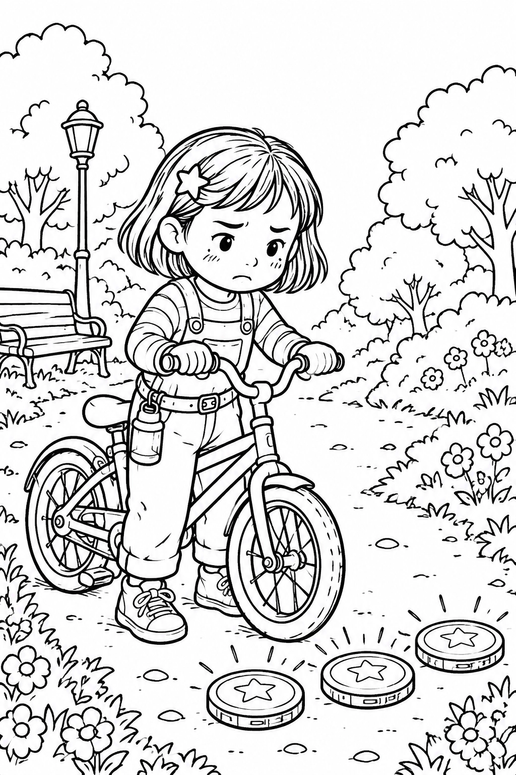 Nora and her bicycle coloring page