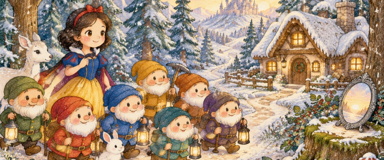 Snow White with seven forest helpers outside a cottage in a snowy forest