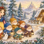 Snow White with seven forest helpers outside a cottage in a snowy forest